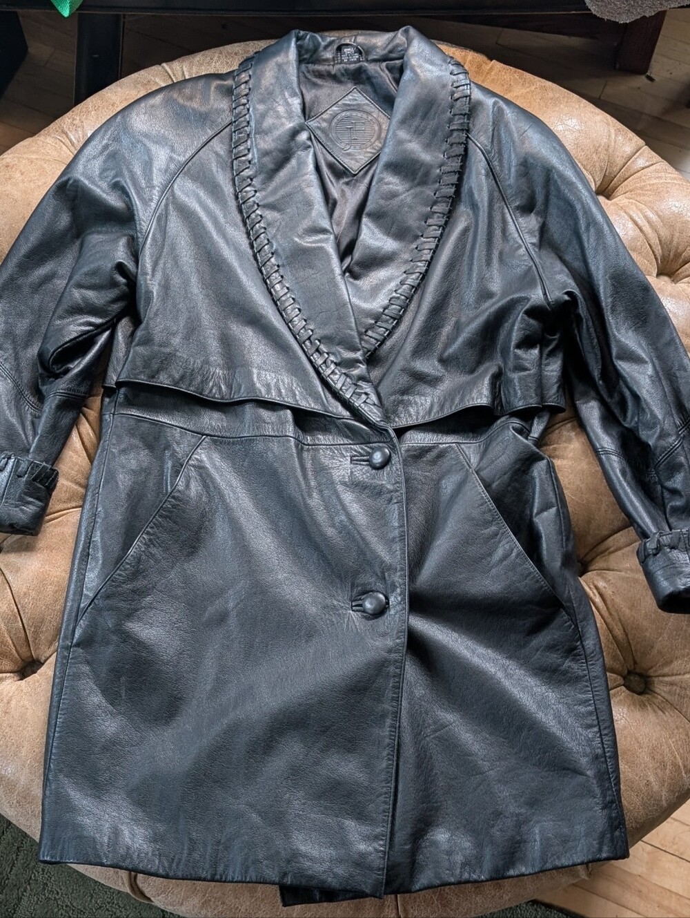 VTG Jacqueline Ferrar Women's Black Leather Trench Style Fringe Coat Size Small